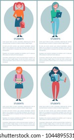 Student girls set of posters with schoolgirls in cartoon style, piles of books, cute handbags, notebook and cola in hands vector illustrations with text