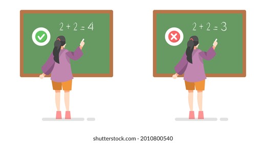 student girls write on the blackboard. math class. right and wrong answers. isolated on a white background. flat vector illustration. suitable for the theme of class sessions, study, school etc.