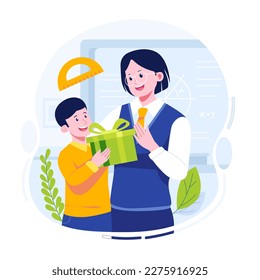 Student give gifts on teacher's day flat illustration