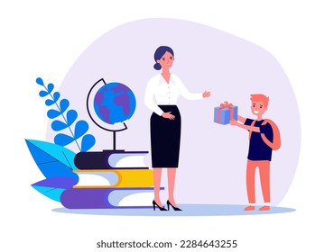 Student giving present to teacher vector illustration. Happy woman with books and world globe on white background. Teachers Day, school, education concept