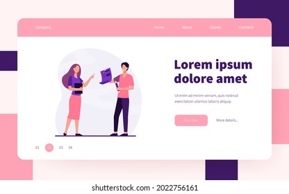 Estudiante dando un examen a profesor. Pasante, tutor, examinador. Ilustración vectorial plana. Educación, pasantías, capacitación, concepto de verificación de conocimientos para banner, diseño de sitios web o página web de aterrizaje