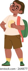 A student with glasses and a backpack gives a thumbs-up in a cartoon style. The character stands confidently with a friendly expression and casual attire. Cartoon vector illustration.