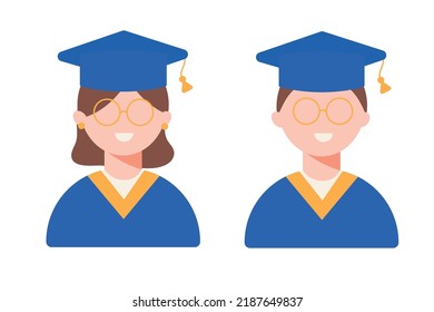 A student with glasses in a blue gown smiles on graduation day. Man and woman in flat style. Vector illustration.