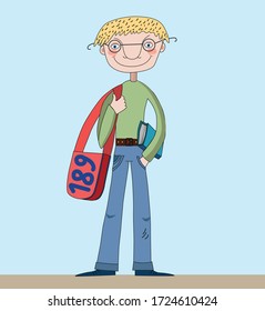 student with glasses holds a bag and a book