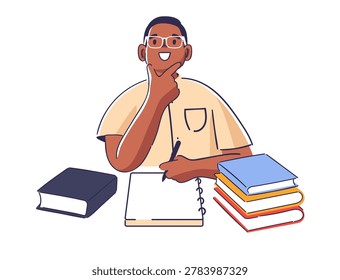 Student with glasses writes in a spiral notebook beside a stack of books, smiling and thinking. Concept of learning, knowledge, planning, and education success. Cartoon vector illustration.