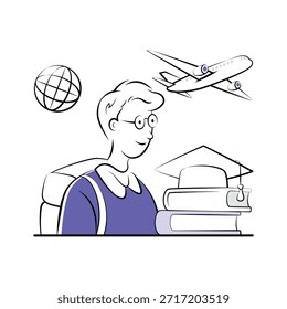 Estudante com globo e formatura que planejam estudar no exterior, ilustração moderna
