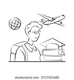 Estudante com globo e formatura que planejam estudar no exterior, ilustração moderna
