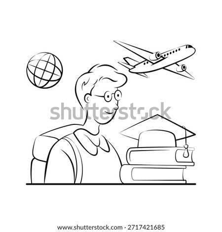 Student with globe and graduation hat planning study abroad, modern illustration