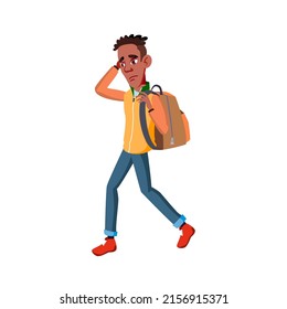 Student Go To College And Think For Exam Vector. Frustrated African Boy Student Walking To University And Thinking About Session. Sad Character Teenager With Rucksack Flat Cartoon Illustration