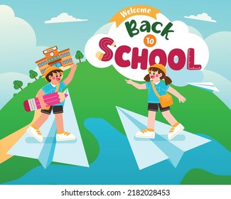 Student go To School By Paper plane, Vector