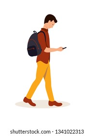 Student going to college flat vector illustration. Pupil cartoon character using smartphone and texting. Teenager coming home after classes. Young man with backpack walking isolated clipart