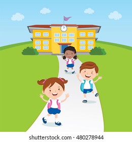 Student going home from school. Vector illustration of a school kids and school building.