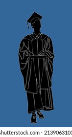 Student In Gown Graduates College Vector Silhouette Illustration Isolated On Blue Background. Celebration Ceremony After Graduating On University. Happy Cadet Man Finish Academy Education. 