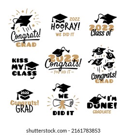 Student graduate badges. College graduation quotes, congratulations school symbols. Congrats invitations, university degree class tidy vector labels