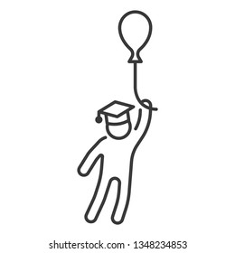 Student in graduate cap flying on balloon line icon