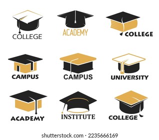 Student graduate cap hat. College and high school education vector icons. University campus, academy or institute faculty minimal symbols or pictograms with graduation caps