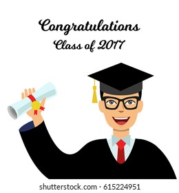 Student in a graduate gown holding a diploma. Cartoon style vector illustration.