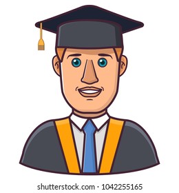 Student graduate of the institute in a mantle and hat.Symbol finish education in  university and college.Smiling young man  in clothes graduation gowns of graduate and a hat.