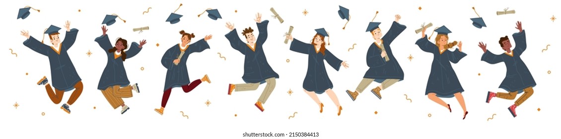 Student graduate jump, characters in gowns and academic caps rejoice, jumping and cheering up happy to get diploma certificate and degree, end of university education, Linear flat vector illustration