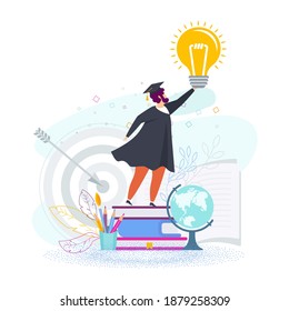 Student graduate stands on a stack of books with a bright lamp in his hand. Graduates of higher educational institution. Future plans, success and growth. Flat vector illustration.