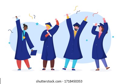 Student graduate vector illustration. Cartoon happy flat graduated people in academic gown robe, graduation cap holding diploma, character celebrating university or school graduation isolated on white