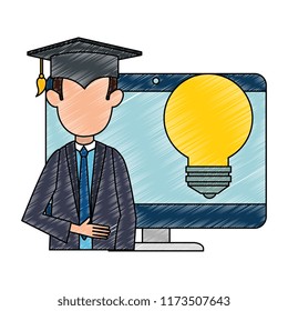 student graduated with computer and bulb