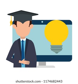 student graduated with computer and bulb