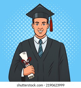 student graduated with student hat and diploma pop art retro vector illustration. Comic book style imitation.