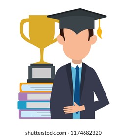 student graduated with trophy and books