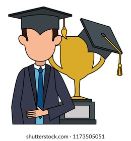 student graduated with trophy cup