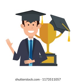student graduated with trophy cup