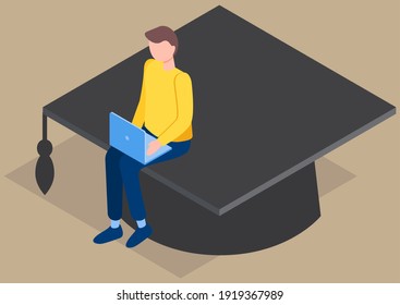 Student graduates from university. Man is sitting on academic cap. Guy is working on laptop. Male character with computer in his hands is studying at university and preparing for graduation