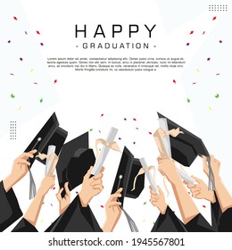 Student or student graduating hands in dress throwing graduation hat in the air, flying academic hat, throwing a mortar board on flat sky cartoon vector illustration clipart