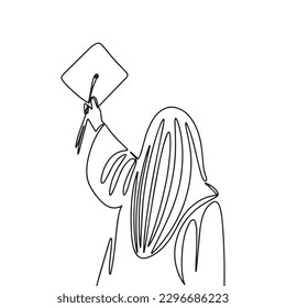 El estudiante con el límite de graduación retrocede una línea de ilustración continua. Vector educativo de graduación de arte de línea.