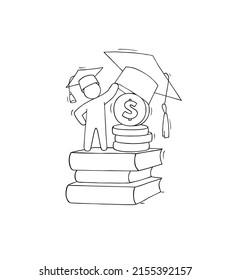 Student in graduation cap get money for education. Concept of scholarship, university grant, payment for tuition. Vector doodle illustration of man in academic hat and coins on books stack