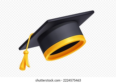 Student graduation cap with gold tassel and ribbon. Concept of academic education in university, college or high school. Black mortarboard with yellow border, 3d vector illustration. 3D Illustration