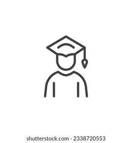 Icono de la línea de tope de graduación del estudiante. signo de estilo lineal para concepto móvil y diseño web. Icono de vector de contorno de estudiante graduado. Símbolo, ilustración del logotipo. Gráficos vectoriales