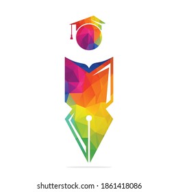 Student with graduation cap logo design template. Educational Book and Pen logo.