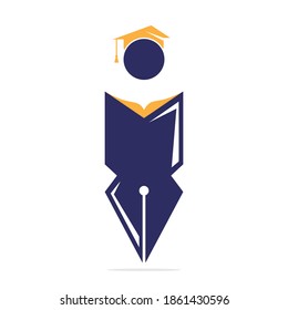 Student with graduation cap logo design template. Educational Book and Pen logo.