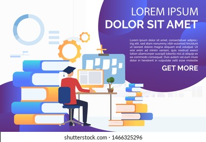 Student in graduation cap using desktop and studying. University graduation and information concept. Presentation slide template. Vector illustration for topics like literature education and knowledge.