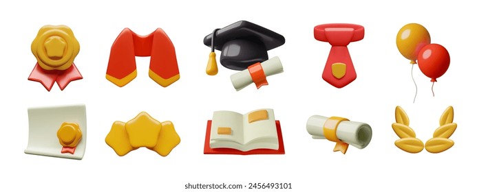 Ceremonia de graduación de estudiantes colección de iconos 3D. Premios de educación tridimensional y símbolos de sabiduría mínimos objetos vectoriales y Elementos establecidos aislados sobre fondo blanco.