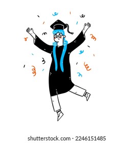 Student graduation ceremony from university. Girl in student robe and hat in jump.Flat vector illustration. Educated university or college graduating female character. Happy graduated girl.