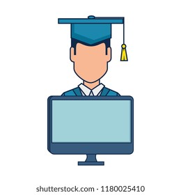 student graduation with computer