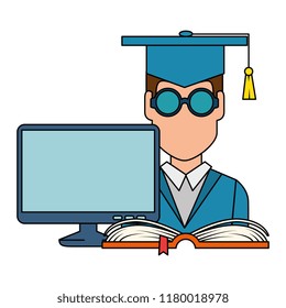 student graduation with computer and book