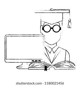 student graduation with computer and book