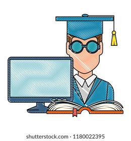 student graduation with computer and book