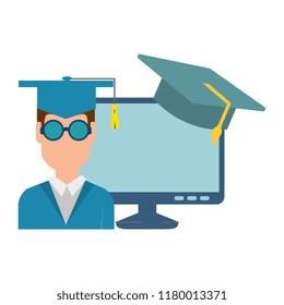 student graduation with computer and hat