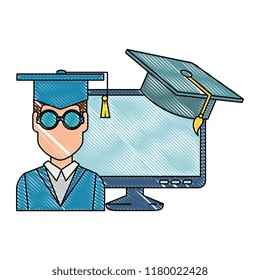 student graduation with computer and hat