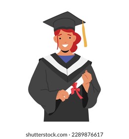 Student Graduation Concept. Happy And Excited Girl Character Graduates, Proud Of Her Achievements. Female Character With Big Smile And Proud Sense Of Accomplishment. Cartoon People Vector Illustration