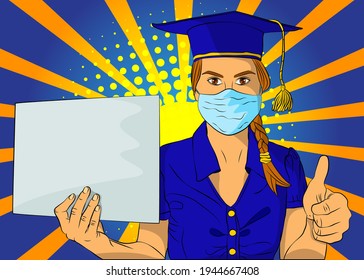 Student, graduation girl wearing face mask holding a white empty paper, banner with thumbs up hand sign. College University or High School schoolgirl. Comic book style vector illustration education.